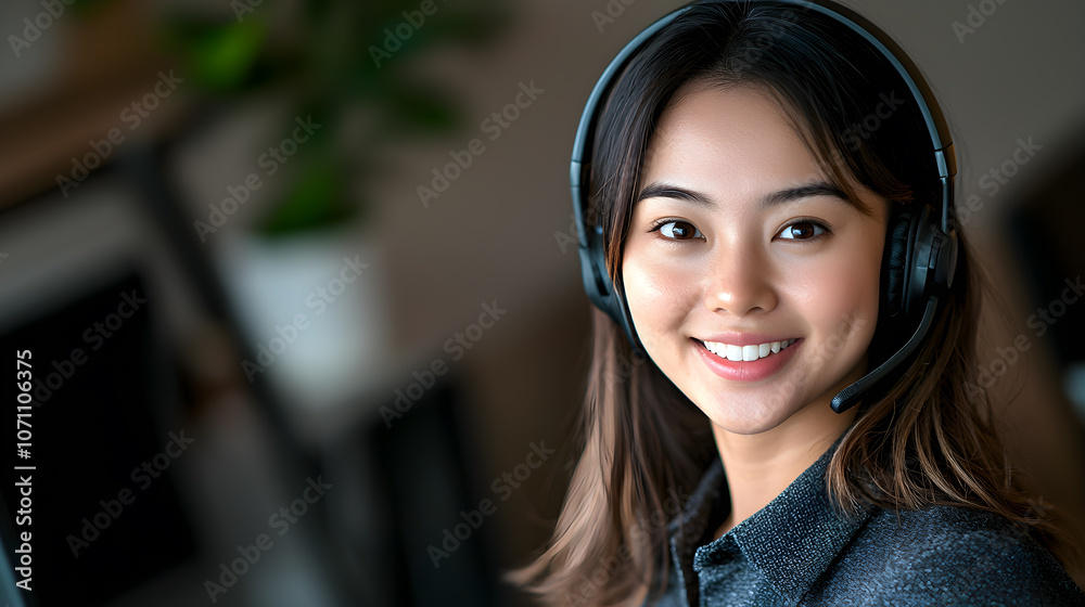A woman wearing a headset is smiling A woman wearing a headset is smiling