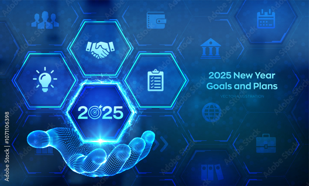 2025 New year Goals and plans icon in wireframe hand. Business plan and strategies. Goal acheiveement and success in 2025. Resolutions, plan, action, checklist concept. Vector illustration. 2025 New year Goals and plans icon in wireframe hand. Business plan and strategies. Goal acheiveement and success in 2025. Resolutions, plan, action, checklist concept. Vector illustration.