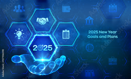 2025 New year Goals and plans icon in wireframe hand. Business plan and strategies. Goal acheiveement and success in 2025. Resolutions, plan, action, checklist concept. Vector illustration.