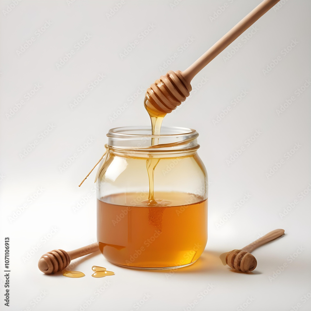 A jar of honey with a wooden dipper on a white background 4 A jar of honey with a wooden dipper on a white background 4
