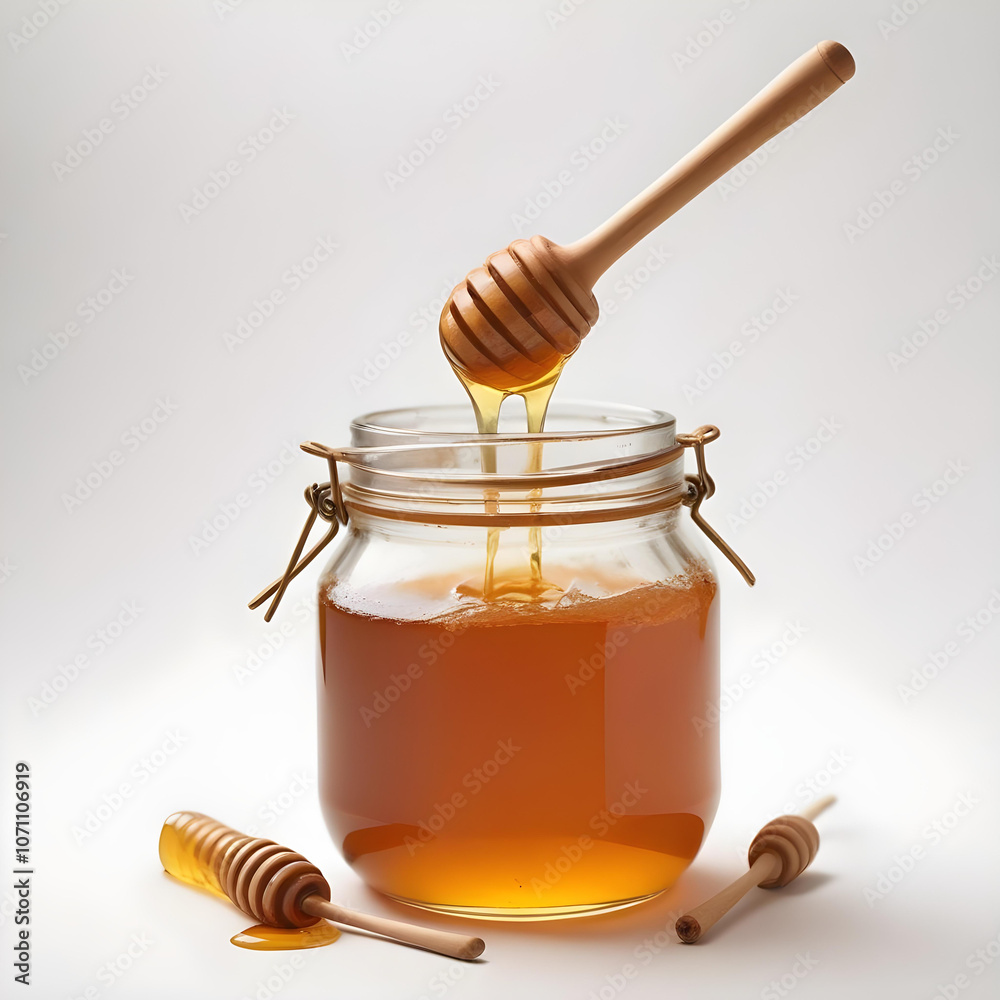 A jar of honey with a wooden dipper on a white background 5 A jar of honey with a wooden dipper on a white background 5