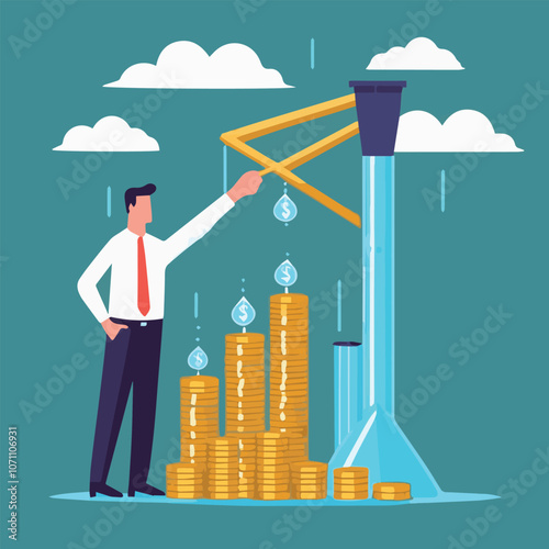 Success investing, growing wealth or being rich from pension or mutual fund, stock market return, money or financial success concept, rich businessman jump high on money coin stack with growth graph.