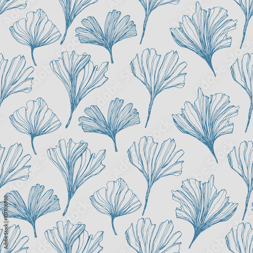 Freehand drawing Blue Leaves of Ginkgo Biloba tree. Modern seamless pattern for packaging design, wallpaper, textile. decorative floral ornamental background