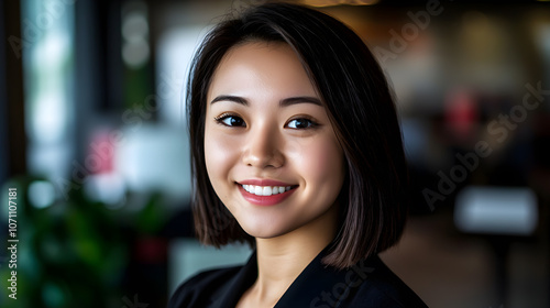 A woman with short hair and a black dress is smiling