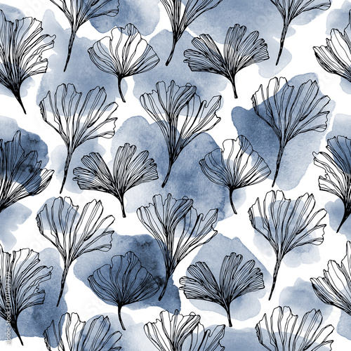 Freehand drawing Blue Leaves of Ginkgo Biloba tree. Modern seamless pattern for packaging design, wallpaper, textile. decorative floral ornamental background