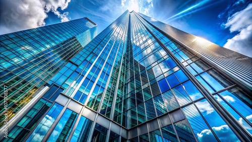 Panoramic View of a Modern Skyscraper Reaching for the Blue Sky  Showcasing Contemporary Architecture and Urban Design in a Clear Daylight Setting
