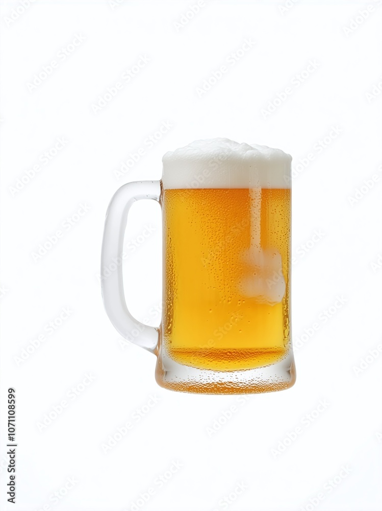 Refreshing Fresh Beer Mug with Creamy Foam Head on White Background Refreshing Fresh Beer Mug with Creamy Foam Head on White Background