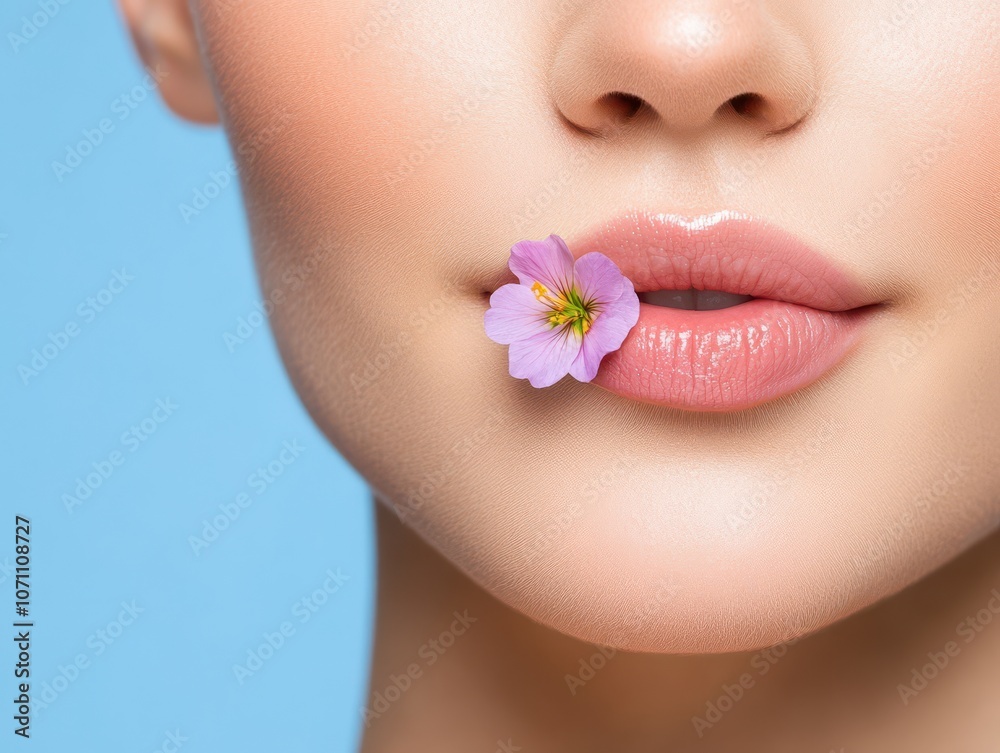 Obraz premium Close-up Portrait of a Woman with a Flower on her Lip.