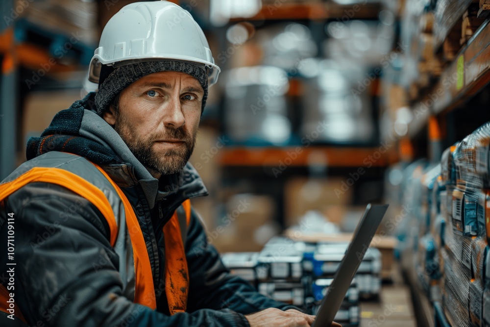 Warehouse worker scanning inventory with barcode scanner on laptop in high visibility vest and helmet Warehouse worker scanning inventory with barcode scanner on laptop in high visibility vest and helmet