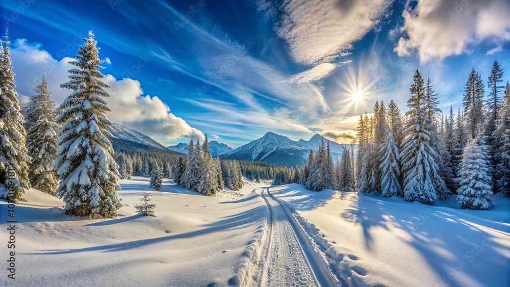 Fototapeta premium Panoramic View of a Snowy Mountain Trail for Cross-Country Skiing, Surrounded by Forests and Blue Sky with Fluffy Clouds, Showcasing a Serene Winter Landscape