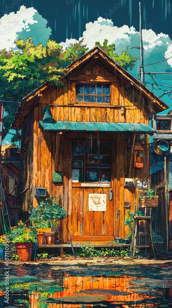 Fototapeta premium A small wooden house with a green awning and a red lantern hanging outside.