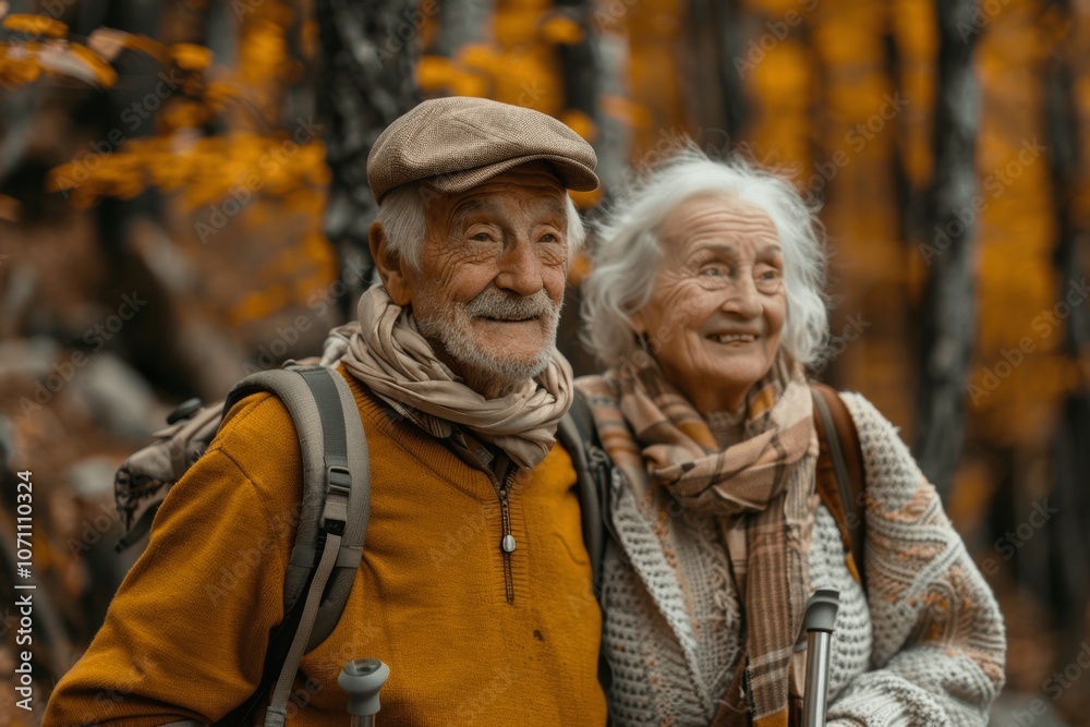 Smiling Senior Couple Hiking in Forest on Sunny Day Smiling Senior Couple Hiking in Forest on Sunny Day