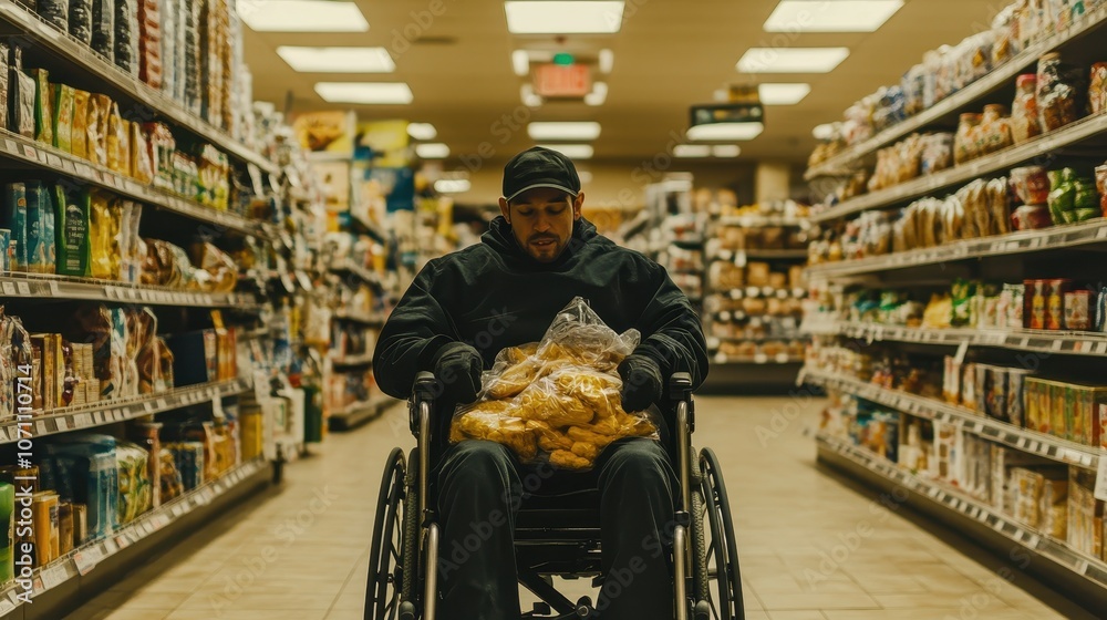 Obraz premium Grocery Shopping in Wheelchair with Soft Indoor Lighting