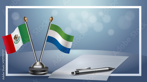 Mexico and Sierra Leone Small national flag on bokeh background, cooperative relationship