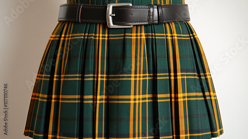 Green and Gold Plaid Skirt with Leather Belt   Fashion  Tartan  Clothing photo