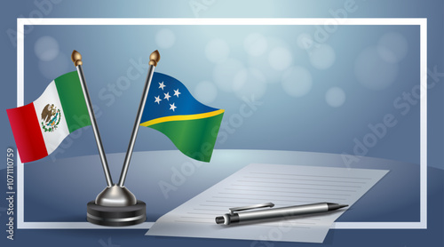 Mexico and Solomon Islands Small national flag on bokeh background, cooperative relationship