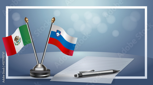 Mexico and Slovenia Small national flag on bokeh background, cooperative relationship