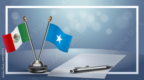 Mexico and Somalia Small national flag on bokeh background, cooperative relationship