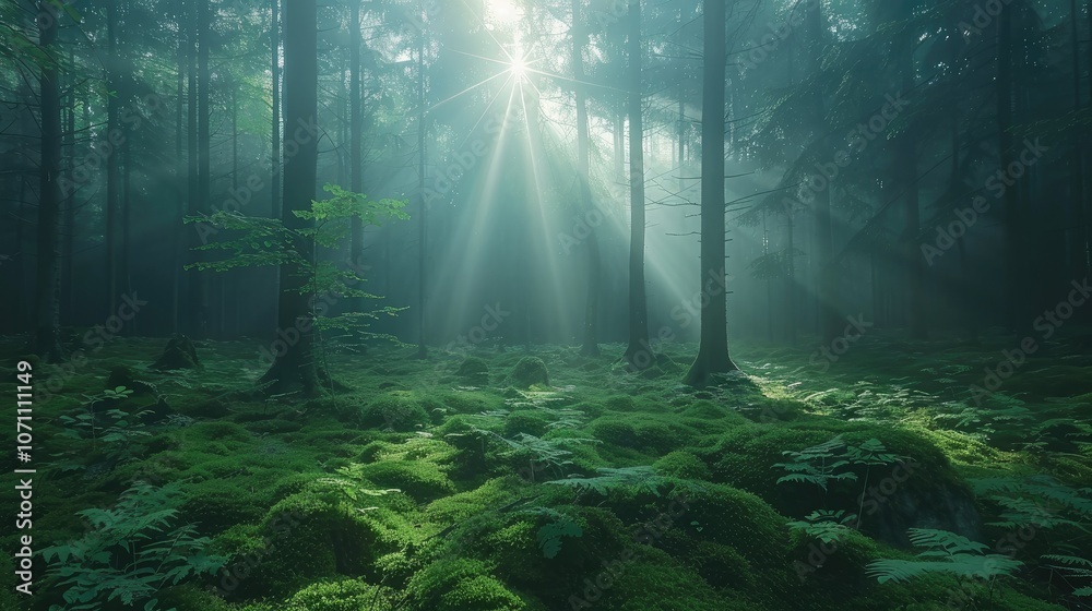 Obraz premium Sun shines through light spruce forest, soil overgrown with moss and fern, mountain range Deister