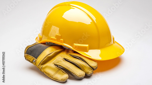 Yellow Hard Hat and Leather Work Gloves on White Background