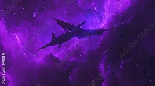 A cosmic scene featuring a sleek spacecraft amidst vibrant purple nebulae.