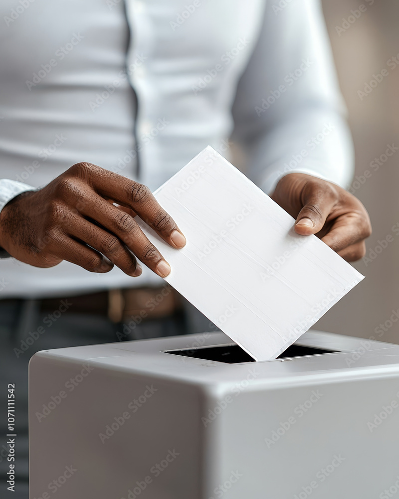 A voter is placing their completed mail in ballot into secure ballot box, showcasing civic engagement and participation in democratic process A voter is placing their completed mail in ballot into secure ballot box, showcasing civic engagement and participation in democratic process