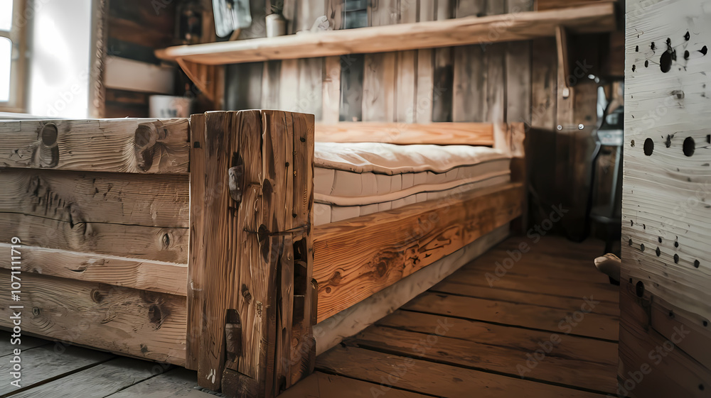 Rustic wooden bed with a natural wood finish in a cozy cabin setting, featuring a simple design and a warm atmosphere, perfect for a tranquil bedroom retreat. Rustic wooden bed with a natural wood finish in a cozy cabin setting, featuring a simple design and a warm atmosphere, perfect for a tranquil bedroom retreat.
