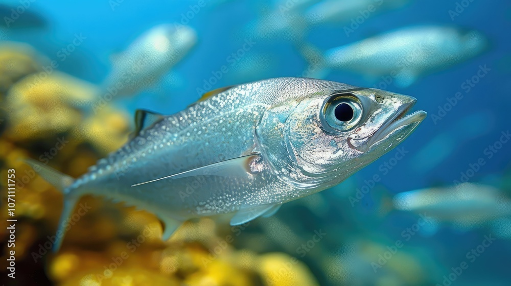 Fototapeta premium Swarm Bigeye trevallies (Caranx sexfasciatus) in the blue water