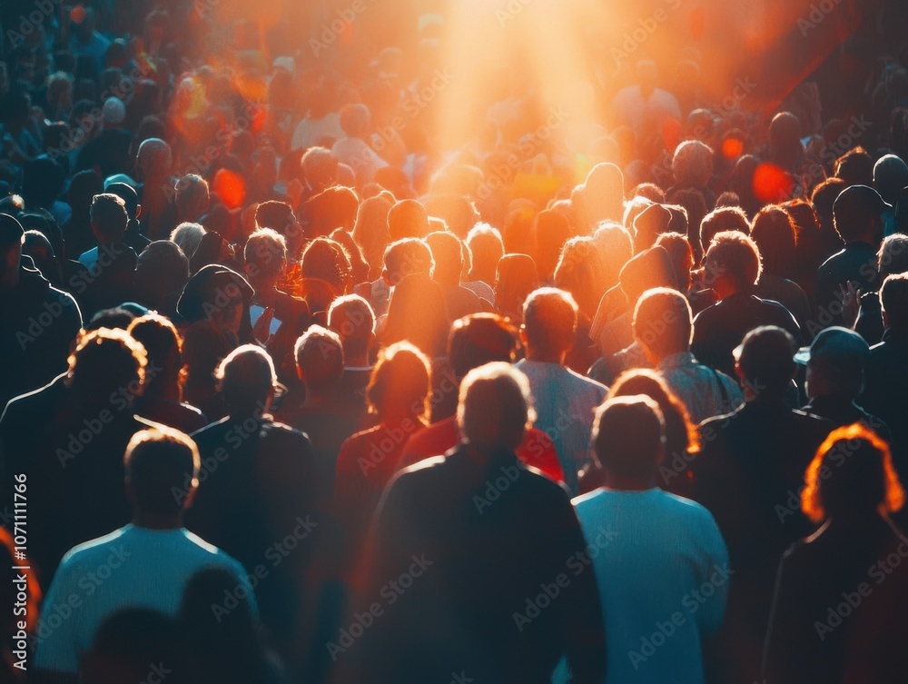 Obraz premium Crowds gather in the usa under a warm glow of sunset for a shared experience