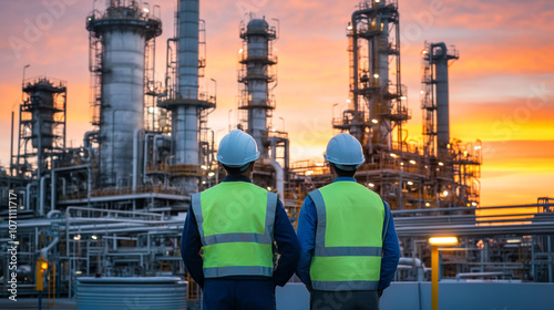 Industrial Workers at Refinery Sunset