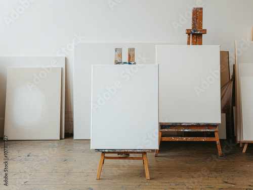 Blank canvases on easels in art studio, ready for creativity and inspiration. serene environment invites artistic expression and imagination photo