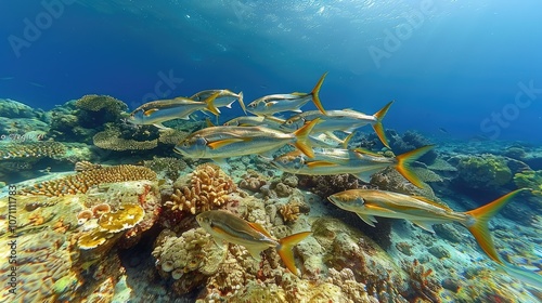 Swarm Bigeye trevallies (Caranx sexfasciatus) in the blue water photo