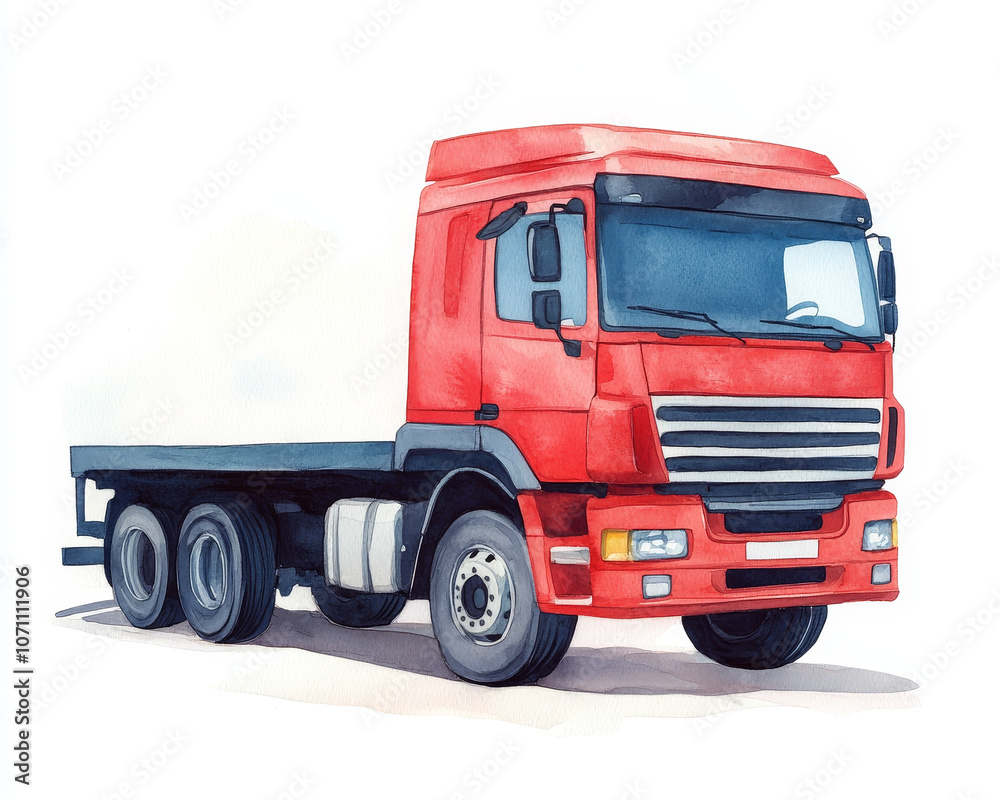 A vibrant red truck stands prominently, showcasing its robust design and sturdy build. This watercolor illustration captures essence of transportation and service coordination beautifully A vibrant red truck stands prominently, showcasing its robust design and sturdy build. This watercolor illustration captures essence of transportation and service coordination beautifully