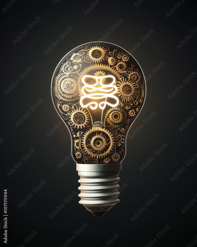 A glowing light bulb made of intricate gears symbolizes creativity and innovation, showcasing blend of technology and artistry in captivating design A glowing light bulb made of intricate gears symbolizes creativity and innovation, showcasing blend of technology and artistry in captivating design