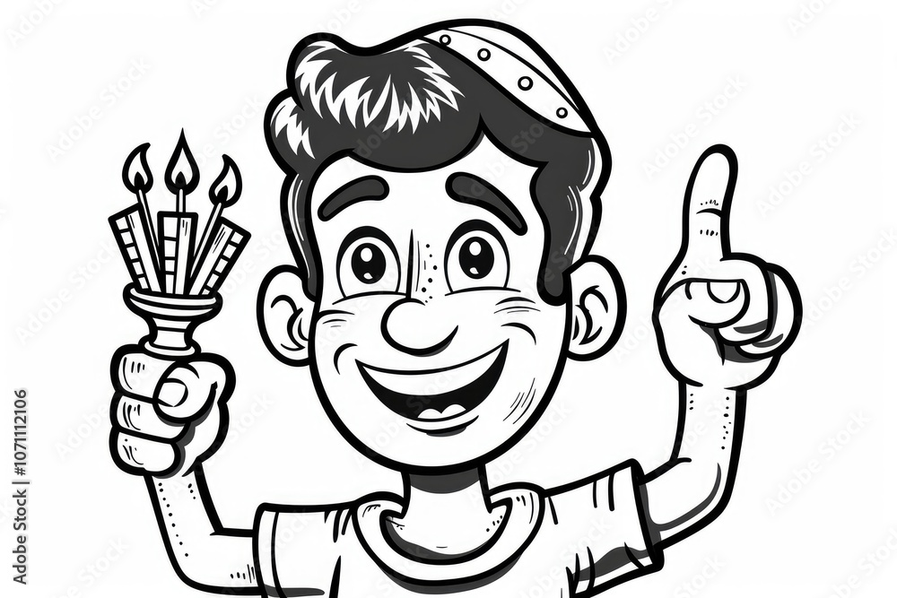 Coloring book illustration of a cheerful Hispanic man holding a menorah smiling with a thoughtful expression and pointing with a raised finger Coloring book illustration of a cheerful Hispanic man holding a menorah smiling with a thoughtful expression and pointing with a raised finger