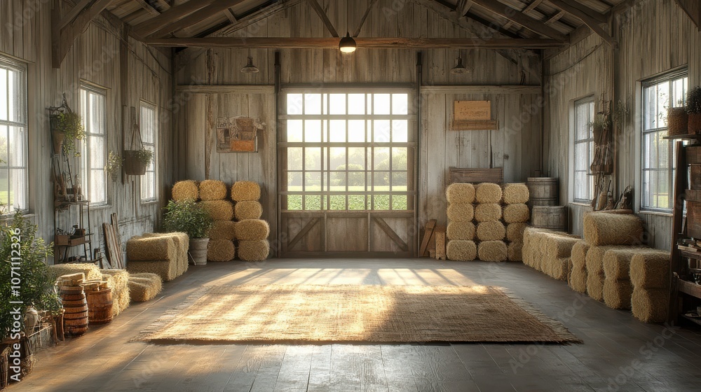 Rustic Indoor Barn with Stacked Hay Bales in Warm Light Rustic Indoor Barn with Stacked Hay Bales in Warm Light