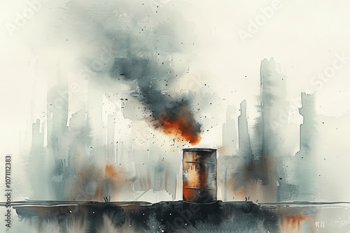 Abstract Watercolor of Smoke from a Can with Blurry Cityscape