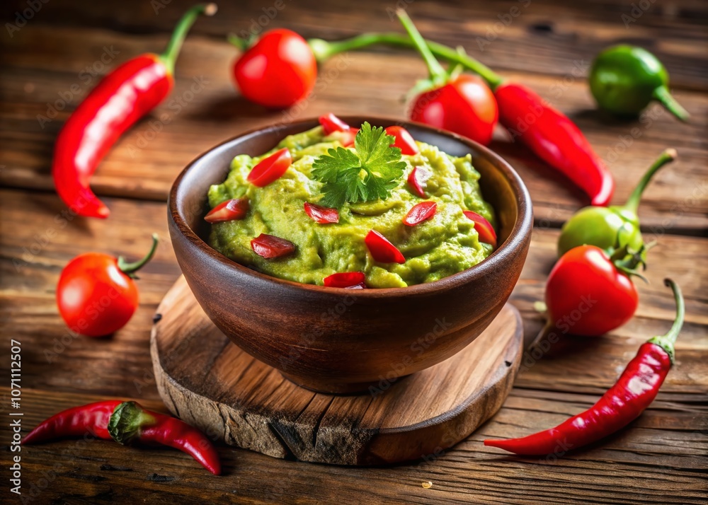 Panoramic View of Vibrant Guacamole with Chili Peppers in a Rustic Setting Perfect for Food Photography Featuring Copy Space for Culinary Creations Panoramic View of Vibrant Guacamole with Chili Peppers in a Rustic Setting Perfect for Food Photography Featuring Copy Space for Culinary Creations