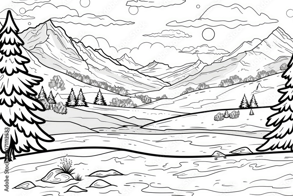 Coloring book illustration of wintery mountains with a snowy landscape and clear blue sky Coloring book illustration of wintery mountains with a snowy landscape and clear blue sky