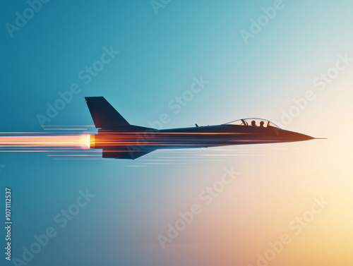 Fighter jet breaking sound barrier, showcasing intense motion and speed against vibrant sky. powerful afterburner creates stunning visual effect