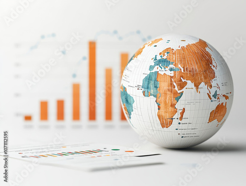 A globe featuring colorful watercolor splashes, showcasing world regions with vibrant hues, set against backdrop of data charts and graphs. This image captures essence of global analysis and explorati photo