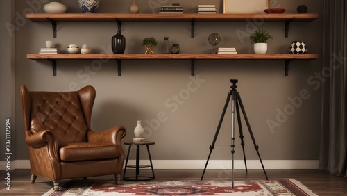 Rustic Reading Nook with Leather Armchair, Wooden Shelves, Vintage Tripod, and Warm Lighting photo