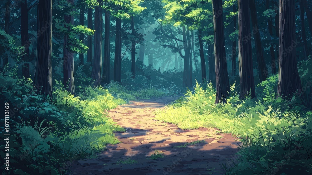 Obraz premium A sunlit path leads through a dense, green forest.