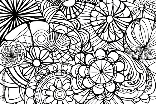 Coloring book illustration of a vibrant abstract background filled with whimsical shapes and patterns