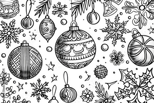 Coloring book illustration of a festive Christmas greeting card featuring decorative elements and seasonal themes photo