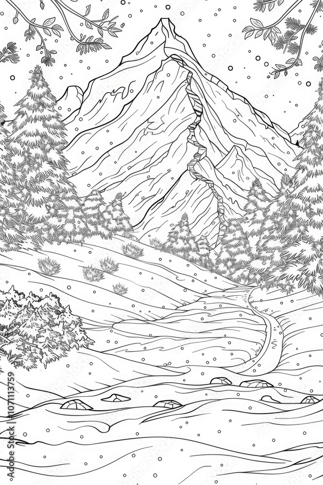 Coloring book illustration of a winter landscape featuring a mountain on a snow covered hill Coloring book illustration of a winter landscape featuring a mountain on a snow covered hill