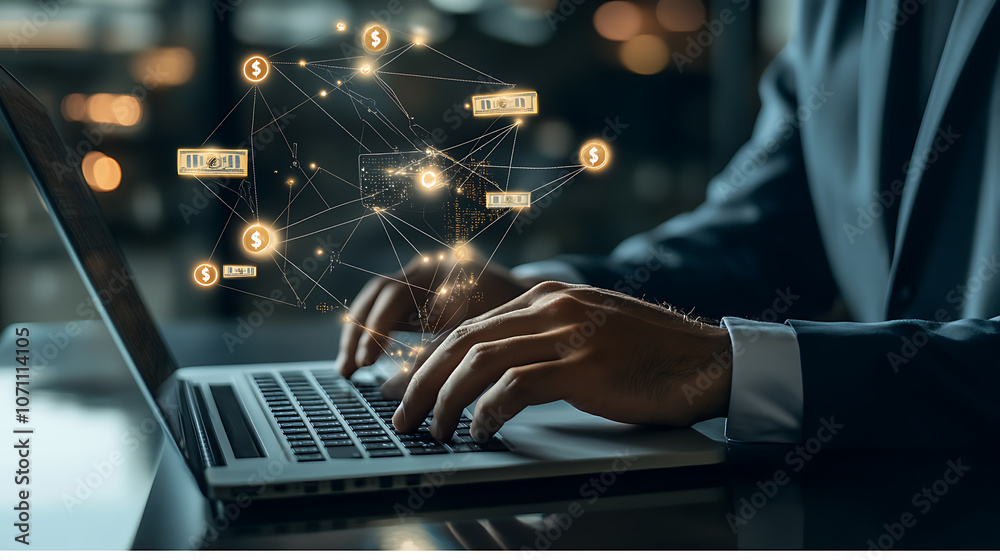 A business professional using an online financial service on their laptop, with dollar signs and digital connections floating around them to represent the interconnectedness of money A business professional using an online financial service on their laptop, with dollar signs and digital connections floating around them to represent the interconnectedness of money