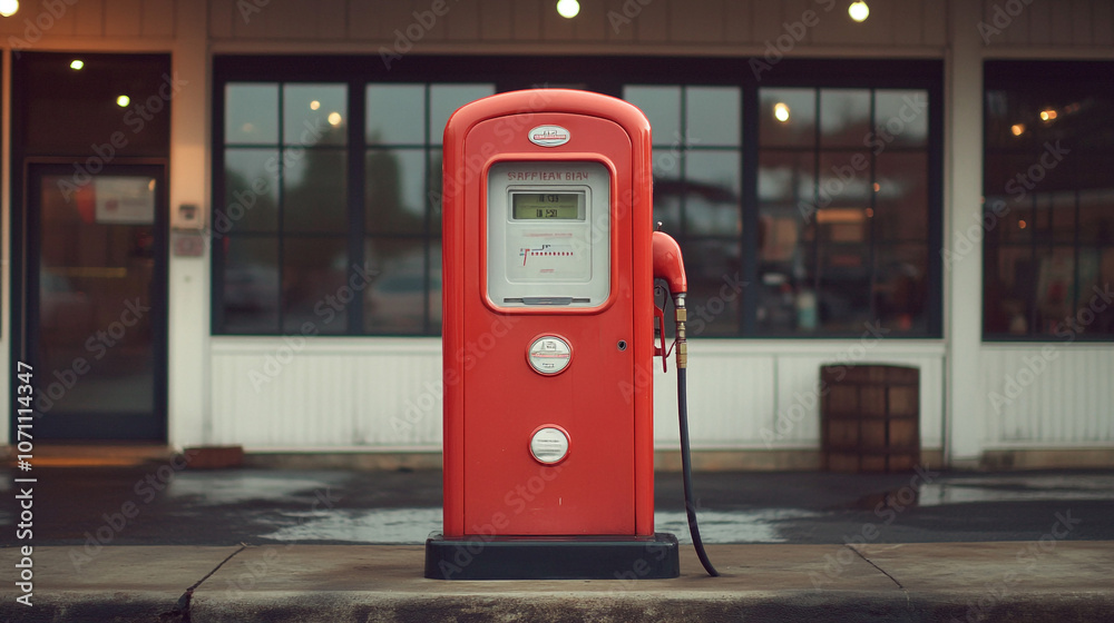 Fototapeta premium Vintage Red Gas Pump in Front of a Building