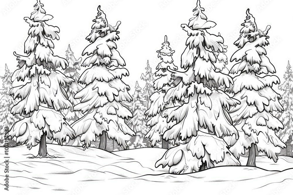 Obraz premium Coloring book illustration of a winter forest scene featuring snow laden pine trees