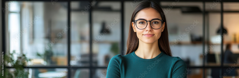 Confident Young Woman in Glasses Smiling in Modern Office Environment Confident Young Woman in Glasses Smiling in Modern Office Environment